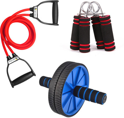 AJRO DEAL GYM Combo of 3- Double Toning Tube, Hand Grip With AB Wheel Roller Gym Combo. Resistance Tube(Multicolor)