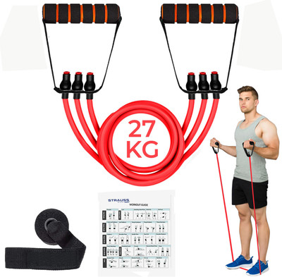 Strauss Triple Resistance Tube with Door Knob | Resistance Band | Exercise Band Resistance Tube((Red with Foam Handle), 60 LBS)