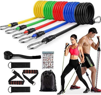 PICKFIT 11 Piece Gym Power Resistance Band Set for Exercise with Door Anchor and Hook Resistance Tube(Multicolor)