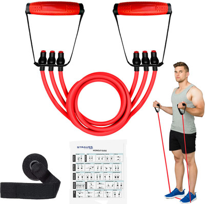 Strauss Triple Resistance Tube with Door Knob | Resistance Band | Exercise Band Resistance Tube((Red with PVC Handle), 60 LBS)