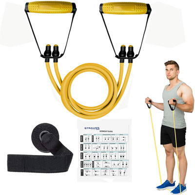 Strauss Double Resistance Tube with Door Knob | Resistance Band | Exercise Band Resistance Tube((Yellow with PVC Handle), 20 LBS)