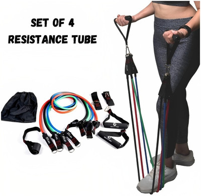 HEALTHTREK Resistance Tube Set of 4 with Foam Handles,Door Anchor,Ankle Strap & Bag Resistance Tube(Blue, Green, Red, Black)