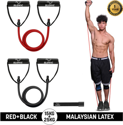 SLOVIC Gym Latex Tube With Foam Handles & Door Anchors For Stretching Excersise (Combo) Resistance Tube(Red & Black)