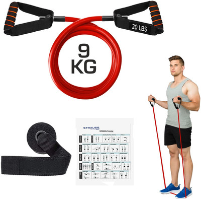Strauss Single Resistance Tube with Door Knob | Resistance Band | Exercise Band Resistance Tube((Red with PVC Handle), 20 LBS)