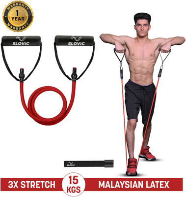SLOVIC Gym Latex Tube With Foam Handles & Door Anchors For Stretching Excersise(15KGS) Resistance Tube(Red)