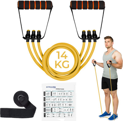 Strauss Triple Resistance Tube with Door Knob | Resistance Band | Exercise Band Resistance Tube((Yellow with Foam Handle), 30 LBS)
