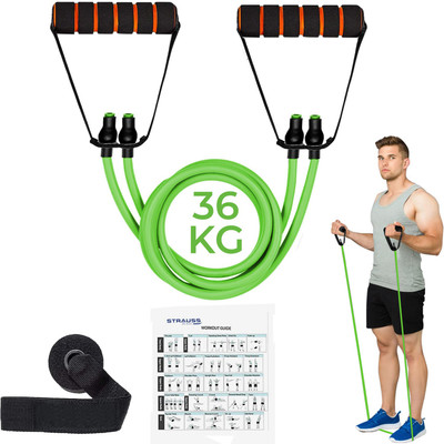 Strauss Double Resistance Tube with Door Knob | Resistance Band | Exercise Band Resistance Tube((Green with Foam Handle), 80 LBS)