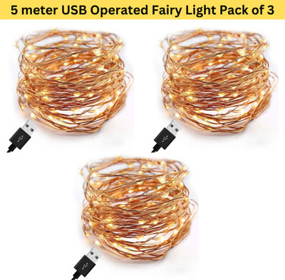 Trendx 50 LEDs 5 m Yellow Steady String Rice Lights(Pack of 3)