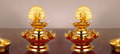 Nabhya 12 Deep Single Step 2 Layer Electric Gold LED Diya for Temple Diya Pack Of 2 Plastic (Pack of 2) Table Diya Set(Height: 10 inch)