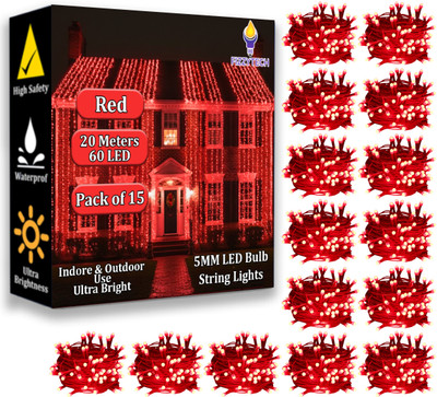 FIZZYTECH 60 LEDs 20 m Red Steady String Rice Lights(Pack of 15)