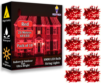 FIZZYTECH 60 LEDs 20 m Red Steady String Rice Lights(Pack of 10)