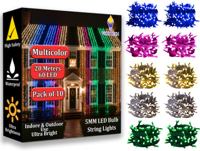 FIZZYTECH 60 LEDs 20 m Multicolor Steady String Rice Lights(Pack of 10)