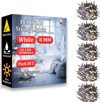 FIZZYTECH 60 LEDs 20 m White Steady String Rice Lights(Pack of 5)