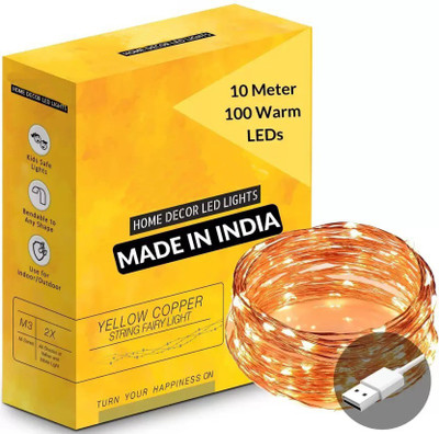 Copper String LED light 10 MTR 100 LED USB Operated Decorative Lights 100 LEDs 10 m Gold Steady Bottle Rice Lights(Pack of 1)