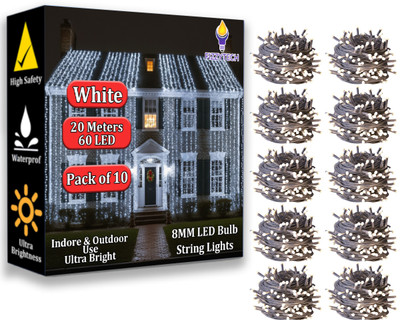 FIZZYTECH 60 LEDs 20 m White Steady String Rice Lights(Pack of 10)
