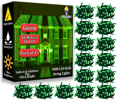 FIZZYTECH 60 LEDs 20 m Green Steady String Rice Lights(Pack of 15)