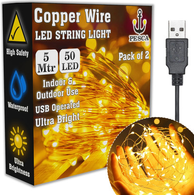 PESCA 50 LEDs 5 m Yellow Steady String Rice Lights(Pack of 2)
