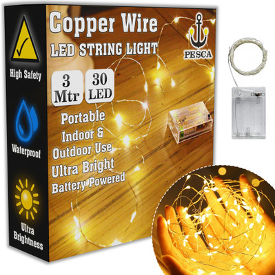 PESCA 30 LEDs 3 m Yellow Steady String Rice Lights(Pack of 1)