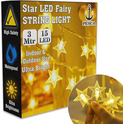 PESCA 15 LEDs 3 m Yellow Steady Star Rice Lights(Pack of 1)