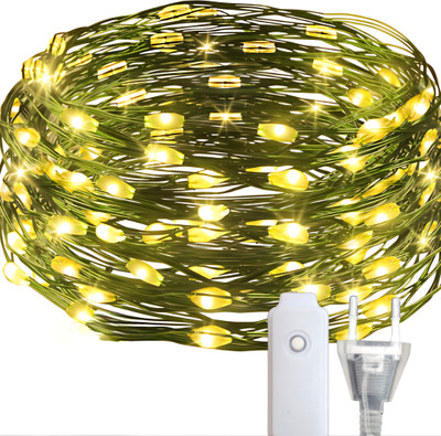 MANSAA 100 LEDs 10 m Yellow Flickering, Steady String Rice Lights(Pack of 1)