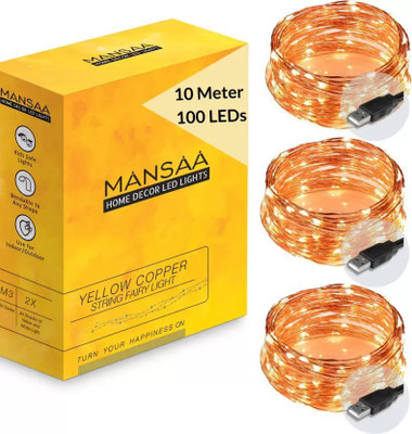 Copper String LED light 10 MTR 100 LED USB Operated Decorative Lights 100 LEDs 10 m Multicolor Steady Bottle Rice Lights(Pack of 3)