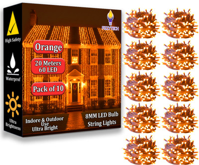 FIZZYTECH 60 LEDs 20 m Orange Steady String Rice Lights(Pack of 10)