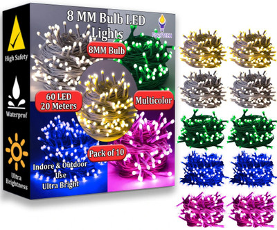 FIZZYTECH 60 LEDs 20 m Multicolor Steady String Rice Lights(Pack of 10)