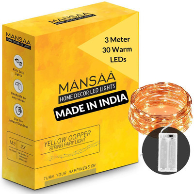 MANSAA 30 LEDs 3.05 m Yellow Steady String Rice Lights(Pack of 1)