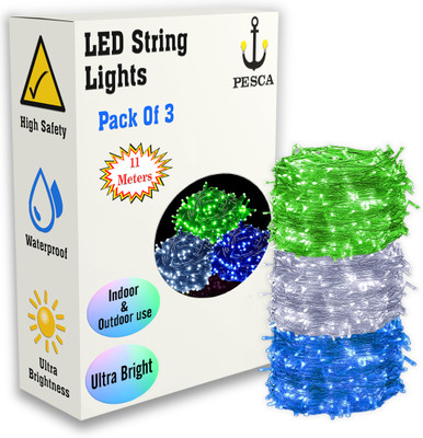 PESCA 40 LEDs 11 m Green, White, Blue Steady String Rice Lights(Pack of 3)
