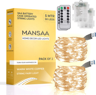MANSAA 50 LEDs 5 m Yellow, Gold Flickering String Rice Lights(Pack of 2)