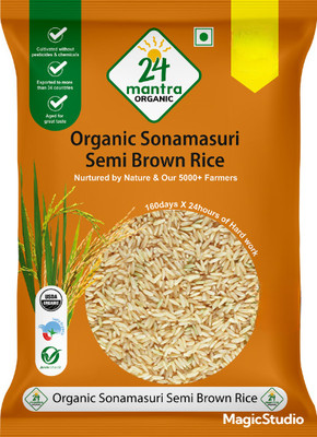 24 mantra ORGANIC Organic Sonamasuri Semi Brown Rice/Handpounded/Chawal (Unpolished) Brown Sona Masoori Rice(1 kg)