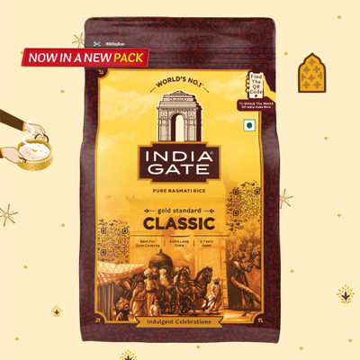 INDIA GATE Gold Standard Classic | 2 Years Aged | Extra Long Grains Basmati Rice (Long Grain, Polished)(1 kg)
