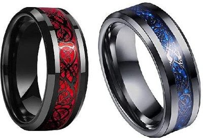 ROOTWAVE Black Tungsten Carbide Silvering Celtic Dragon Blue & Red Carbon Tungsten Platinum, Silver, Sterling Silver, Titanium Plated Ring