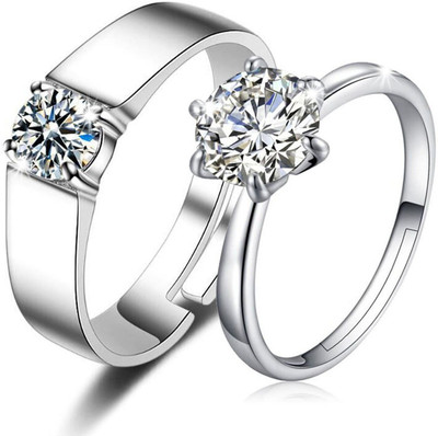 White Chimes His and Her Matching Adjustable Promise Couple Alloy Crystal Silver Plated Ring Set