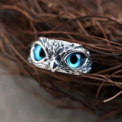 vs unique collections Crystal Glasses Blue Demon Eyes Owl Ullu Bird Face Design Finger Thumb Ring Stainless Steel Silver Plated Ring