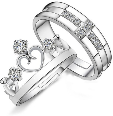Ringzinee AdjustableCoupleRingsComboLoversCrownEngravedKingQueenAmericandiamondValentine Stainless Steel, Brass, Stone, Metal, Copper Cubic Zirconia Silver, Rhodium Plated Ring Set