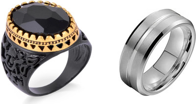 Dynamic Retail Global Set of 2 Rings for Men, Black-Silver Alloy Ring