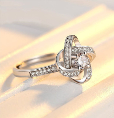 Ruhi Collection Beautifully Crafted Crystal Knot Adjustable Ring Stainless Steel Cubic Zirconia Silver Plated Ring