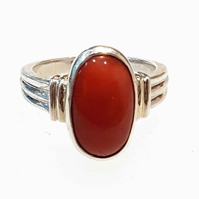 Gemzonite 4.55 Ratti Moonga Ring Unheated & Untreated Triangle Coral Astrological Copper Coral Silver Plated Ring
