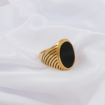 Trinket World Men's Gold Ring with Oval Onyx Stone Brass Pearl Gold Plated Ring