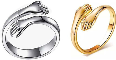 White Chimes Adjustable Gold Silver Hug Rings for Couples Women Girlfriend 2pcs Stainless Steel Sterling Silver, Gold Plated Ring Set