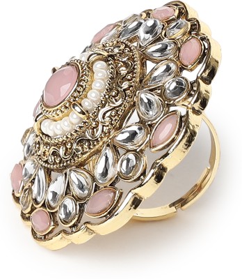 ANOUK Gold-Plated Pink Kundan-Studded & beaded Adjustable Traditional Finger Ring Alloy Gold Plated Ring