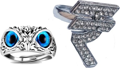 NICELIFE COLLECTIONS MC Stan Rupees Symbol Ring & OWL Rings Pack of 2 Rings Stainless Steel Silver Plated Chain Ring - Multi Finger