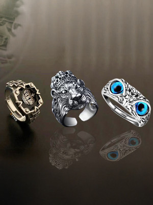 Syfer Lion Ring, Owl Ring, KIng Crown Ring for Men and Women (3 Rings Combo) Stainless Steel Silver Plated Ring Set