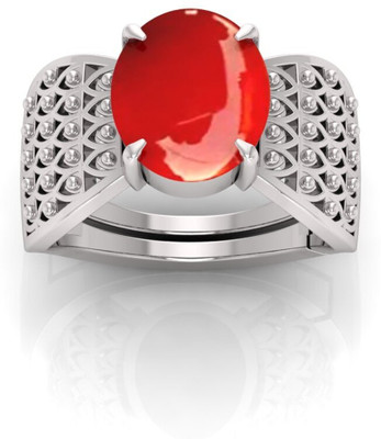 Pranjal Gems 12.25 Ratti Munga Gemstone Adjustable Ring With Lab CertificateTU Crystal Coral Sterling Silver Plated Ring