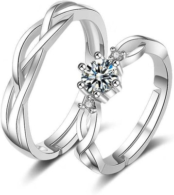 Vibeesle AdjustableCoupleRingsComboforLoversCrownEngravedKingQueenAmericandiamond Stainless Steel, Brass, Stone, Metal, Copper Cubic Zirconia Silver, Rhodium Plated Ring Set