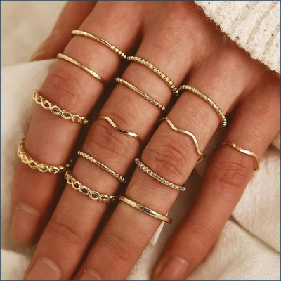 VIDALI 14 Pcs Plain Chain Multi Designs Ring Set For Women And Girls Alloy Gold Plated Ring Set