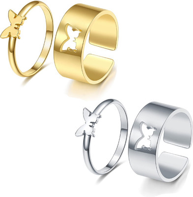 AVR JEWELS Combo of 2 Charming Gold and Silver Plated Butterfly Couple Rings Stainless Steel Gold Plated Ring