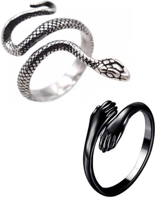 Stylewell Pack Of 2 CMB7885 Love Couple Hand Hug Me And Shiva Snake/Sarp Thumb Finger Ring Stainless Steel Ring
