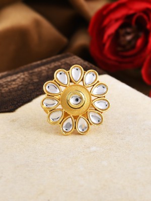 Silvermerc Designs Floral Kundan Ring Brass Gold Plated Ring